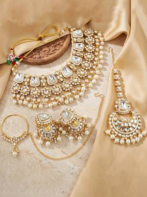 18 kt gold plated white kundan bridal necklace set with tikka & nath 4