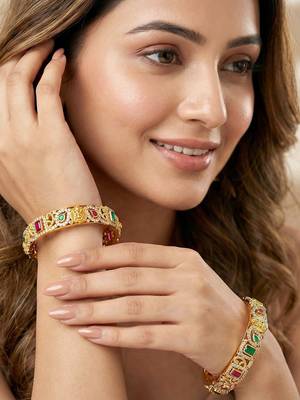 Gold floral twist ad bangle pink green 2