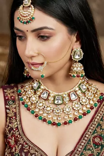 18 kt gold plated maroon green kundan bridal & semi-bridal necklace set
