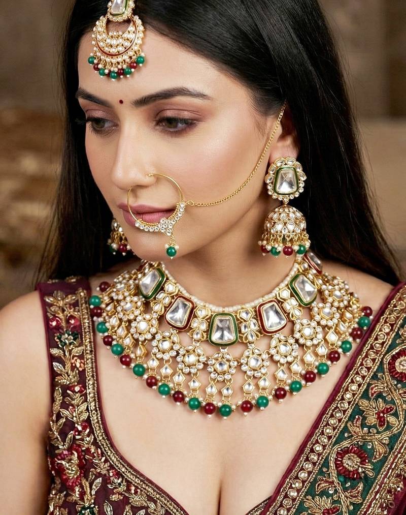 18 kt gold plated maroon green kundan bridal & semi-bridal necklace set