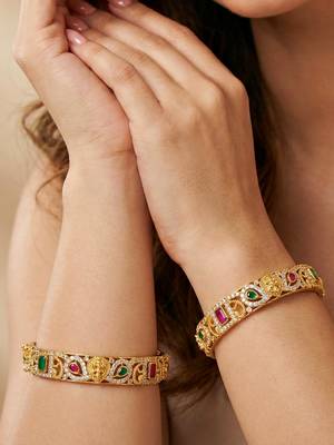 Gold floral twist ad bangle pink green 3