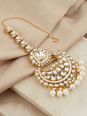 18 kt gold plated white kundan bridal necklace set with tikka & nath 5