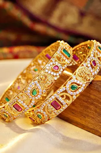 Gold floral twist ad bangle pink green