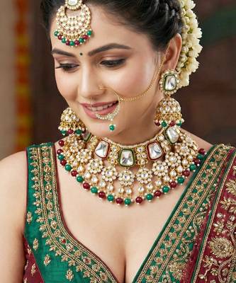 18 kt gold plated maroon green kundan bridal & semi-bridal necklace set 2