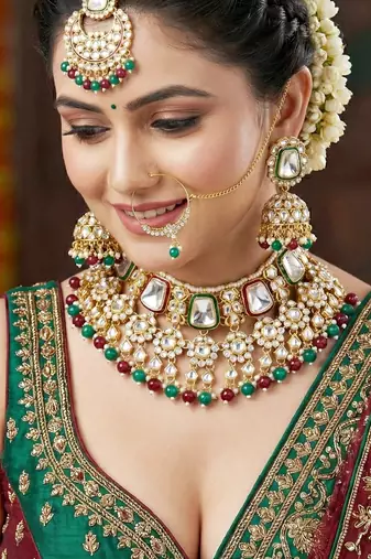 18 kt gold plated maroon green kundan bridal & semi-bridal necklace set