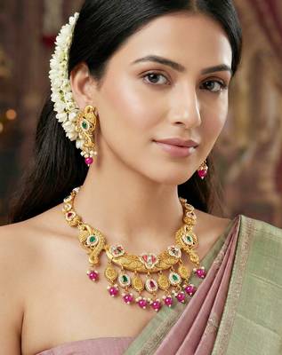 Antique gold-tone peacock temple necklace set with earrings for wedding wear 1