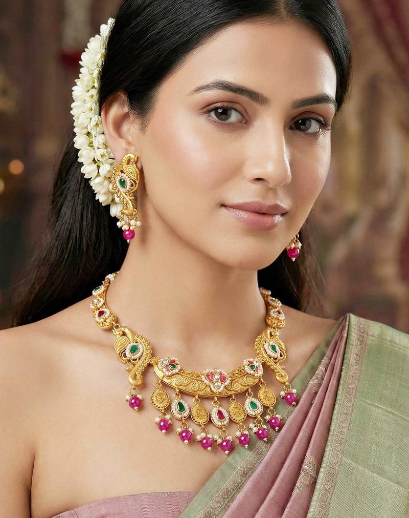 Antique gold-tone peacock temple necklace set with earrings for wedding wear