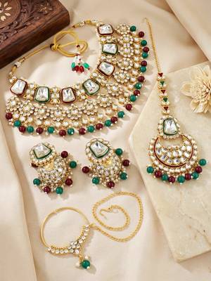 18 kt gold plated maroon green kundan bridal & semi-bridal necklace set 3