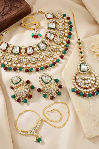 18 kt gold plated maroon green kundan bridal & semi-bridal necklace set