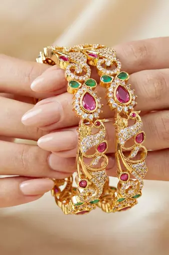 Gold laxmi temple floral ad bangle pink green