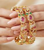 Gold laxmi temple floral ad bangle pink green