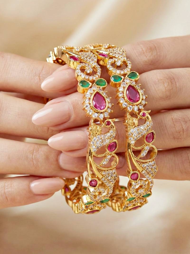 Gold laxmi temple floral ad bangle pink green