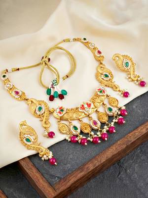 Antique gold-tone peacock temple necklace set with earrings for wedding wear 2