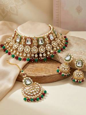 18 kt gold plated maroon green kundan bridal & semi-bridal necklace set 4
