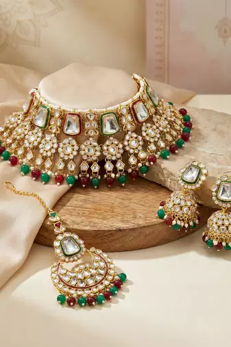 18 kt gold plated maroon green kundan bridal & semi-bridal necklace set