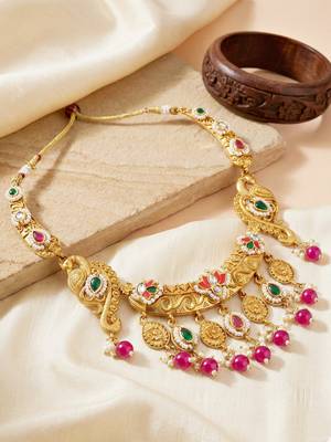 Antique gold-tone peacock temple necklace set with earrings for wedding wear 3