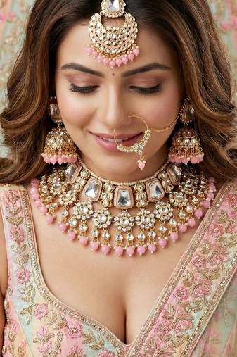 18 kt gold plated pink kundan bridal & semi-bridal necklace set