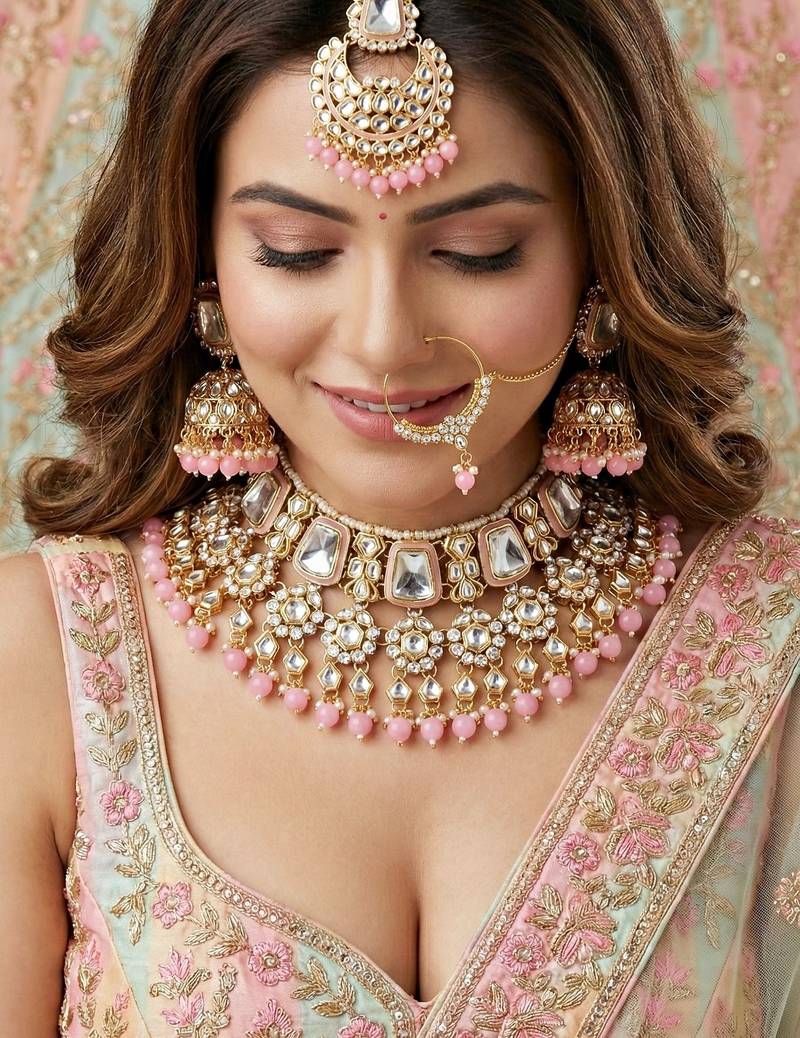 18 kt gold plated pink kundan bridal & semi-bridal necklace set