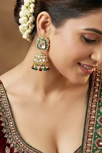 18 kt gold plated maroon green kundan bridal & semi-bridal necklace set