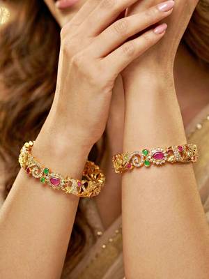 Gold laxmi temple floral ad bangle pink green 3