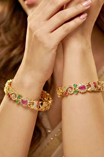 Gold laxmi temple floral ad bangle pink green