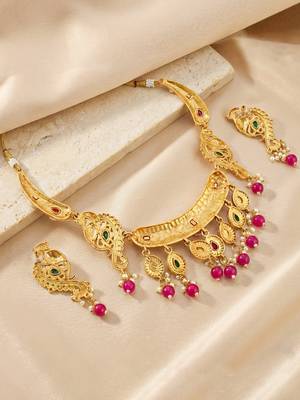 Antique gold-tone peacock temple necklace set with earrings for wedding wear 4