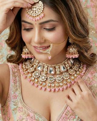 18 kt gold plated pink kundan bridal & semi-bridal necklace set 2