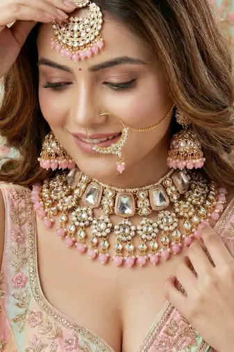 18 kt gold plated pink kundan bridal & semi-bridal necklace set
