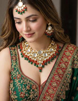18 kt gold plated red green kundan bridal & semi-bridal necklace set 1