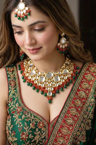 18 kt gold plated red green kundan bridal & semi-bridal necklace set