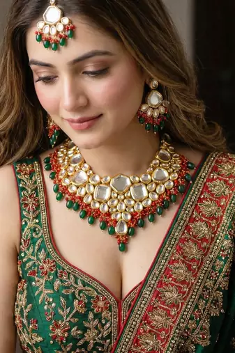 18 kt gold plated red green kundan bridal & semi-bridal necklace set