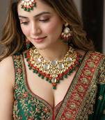 18 kt gold plated red green kundan bridal & semi-bridal necklace set