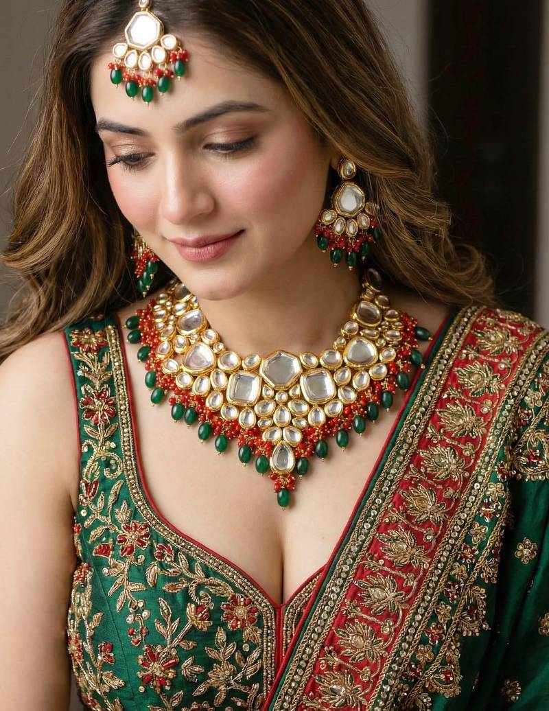 18 kt gold plated red green kundan bridal & semi-bridal necklace set