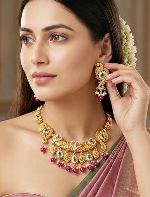 Antique gold-tone peacock temple necklace set with earrings for wedding wear 5