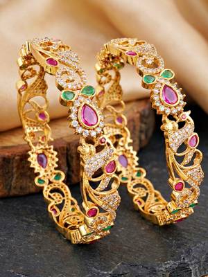 Gold laxmi temple floral ad bangle pink green 4