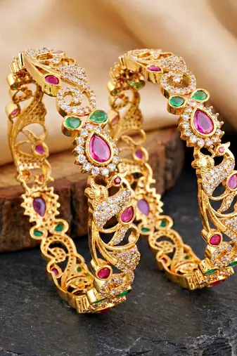 Gold laxmi temple floral ad bangle pink green