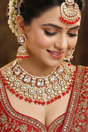 18 kt gold plated red kundan bridal necklace set with tikka & nath