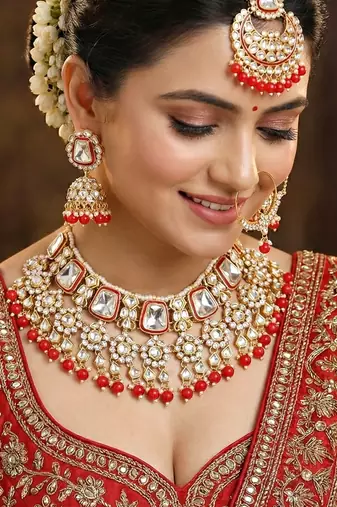 18 kt gold plated red kundan bridal necklace set with tikka & nath