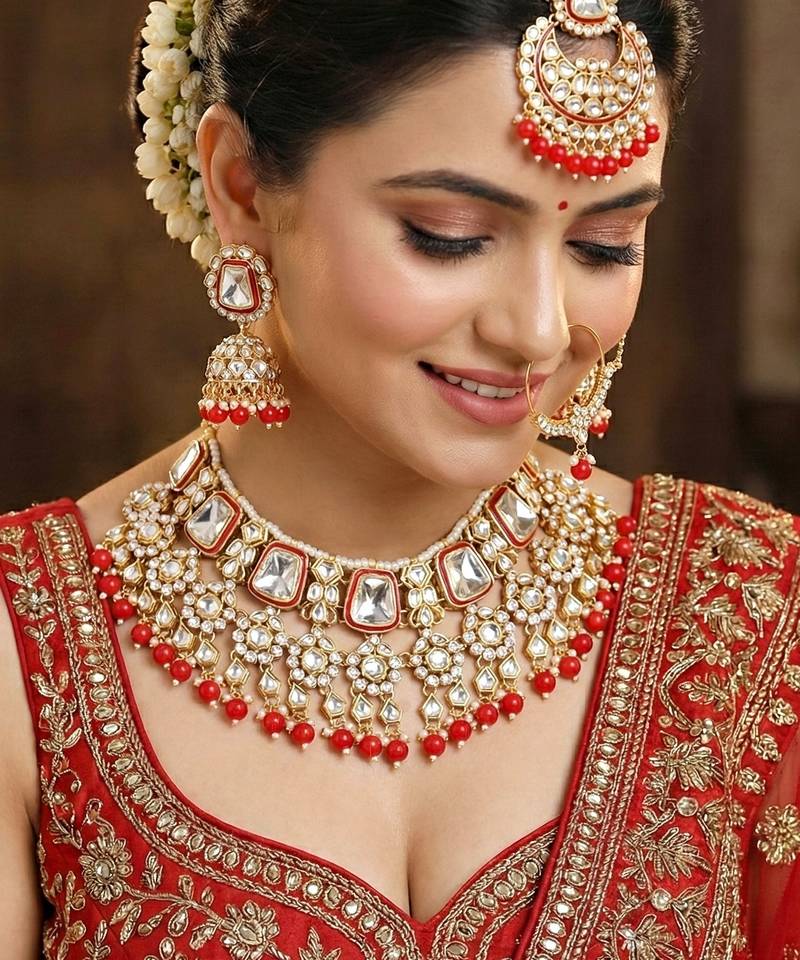 18 kt gold plated red kundan bridal necklace set with tikka & nath