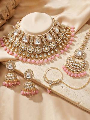 18 kt gold plated pink kundan bridal & semi-bridal necklace set 3
