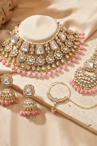 18 kt gold plated pink kundan bridal & semi-bridal necklace set