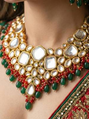 18 kt gold plated red green kundan bridal & semi-bridal necklace set 2