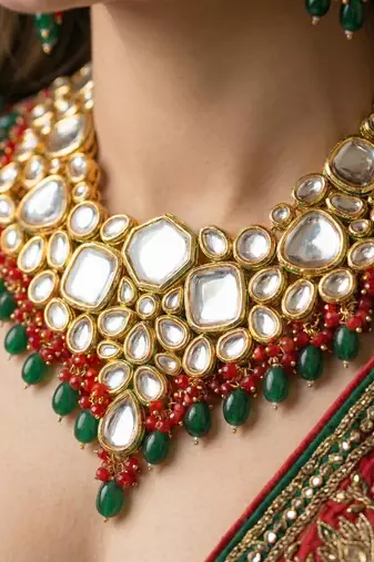 18 kt gold plated red green kundan bridal & semi-bridal necklace set