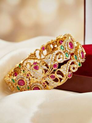 Gold laxmi temple floral ad bangle pink green 5