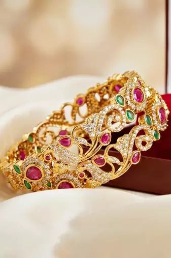 Gold laxmi temple floral ad bangle pink green