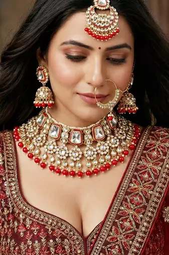 18 kt gold plated red kundan bridal necklace set with tikka & nath