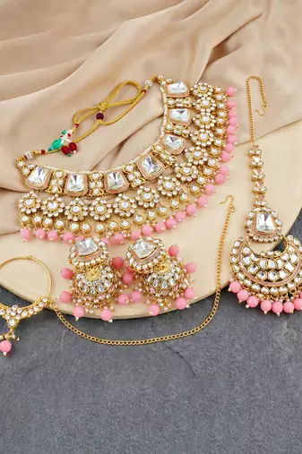 18 kt gold plated pink kundan bridal & semi-bridal necklace set