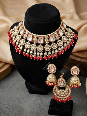 18 kt gold plated red kundan bridal necklace set with tikka & nath 3