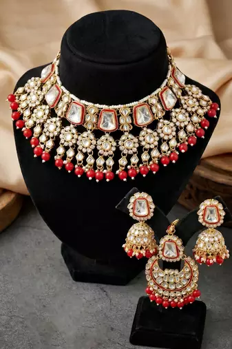 18 kt gold plated red kundan bridal necklace set with tikka & nath