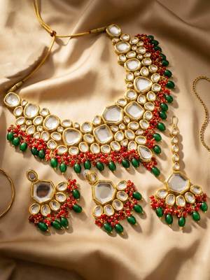 18 kt gold plated red green kundan bridal & semi-bridal necklace set 3